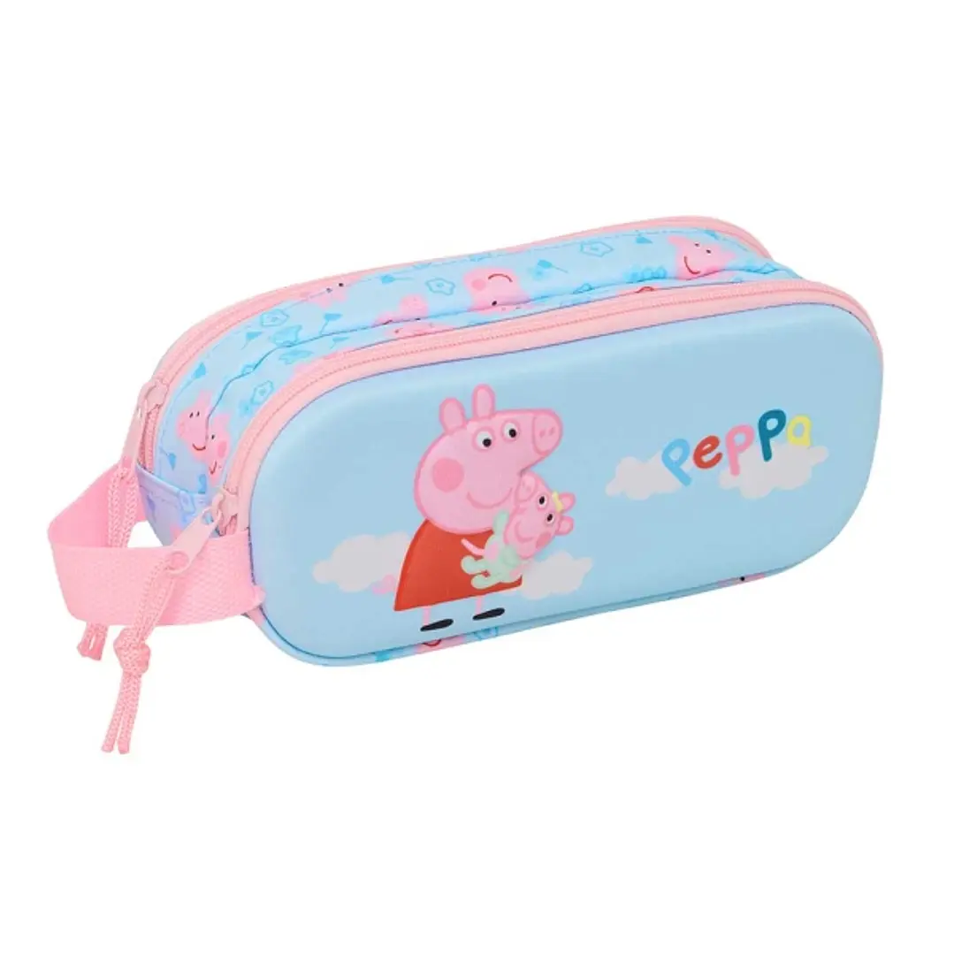 Safta Peppa Pig Portatodo 3D - 2 Compartimentos con Cremallera - Asa Lateral - Capacidad 1L - 21x8x6cm - Color Azul Pastel 1