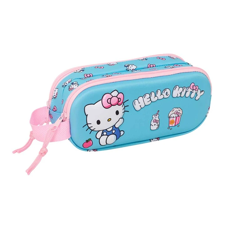 Safta Hello Kitty Portatodo 3D - 2 Compartimentos con Cremallera - Asa Lateral - Capacidad 1L - 21x8x6cm - Color Azul Claro 1