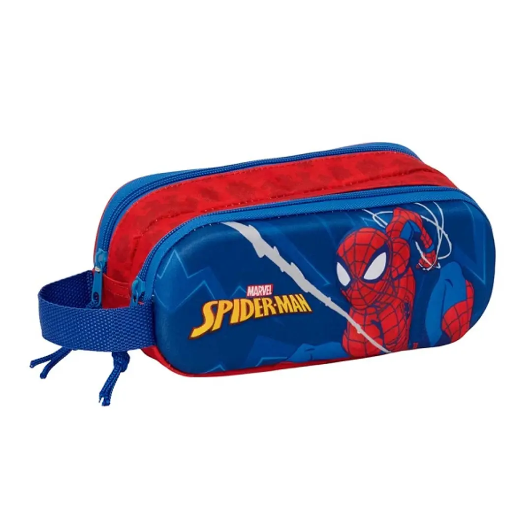 Safta Spider-Man Portatodo 3D - 2 Compartimentos con Cremallera - Asa Lateral - Capacidad 1L - 21x8x6cm - Color Rojo y Azul 1