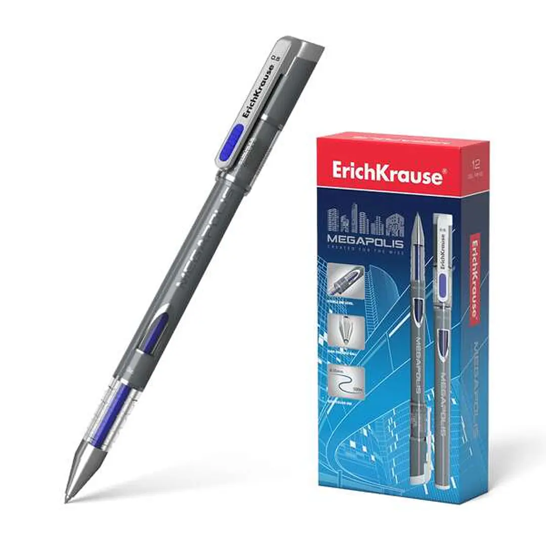 Erichkrause Megapolis Gel Boligrafo Tinta Gel - Punta de 0.5mm - Cuerpo Redondo Opaco - Ventanilla de Control de Tinta - Color Azul 1