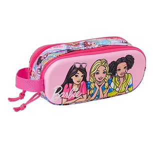 Safta Barbie Estuche Portatodo 3D de 1L - 2 Compartimentos - Cierre de Cremallera - Asa de Mano - 21x8x6cm - Color Rosa
