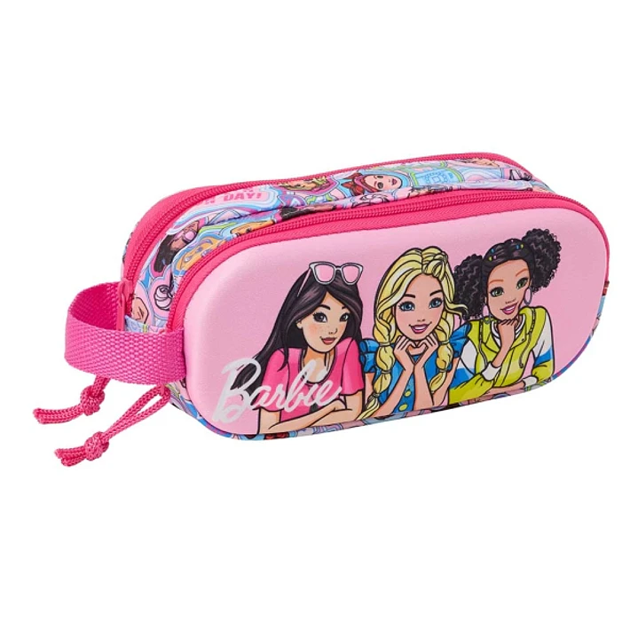 Safta Barbie Estuche Portatodo 3D de 1L - 2 Compartimentos - Cierre de Cremallera - Asa de Mano - 21x8x6cm - Color Rosa 1