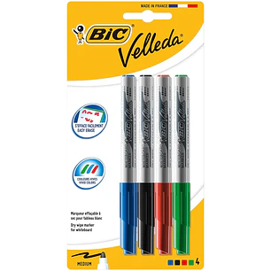 Bic Velleda 1741 Pack de 4 Rotuladores para Pizarra - Punta Media - Trazo de 1.4mm - Borrado Optimo - Colores Surtidos