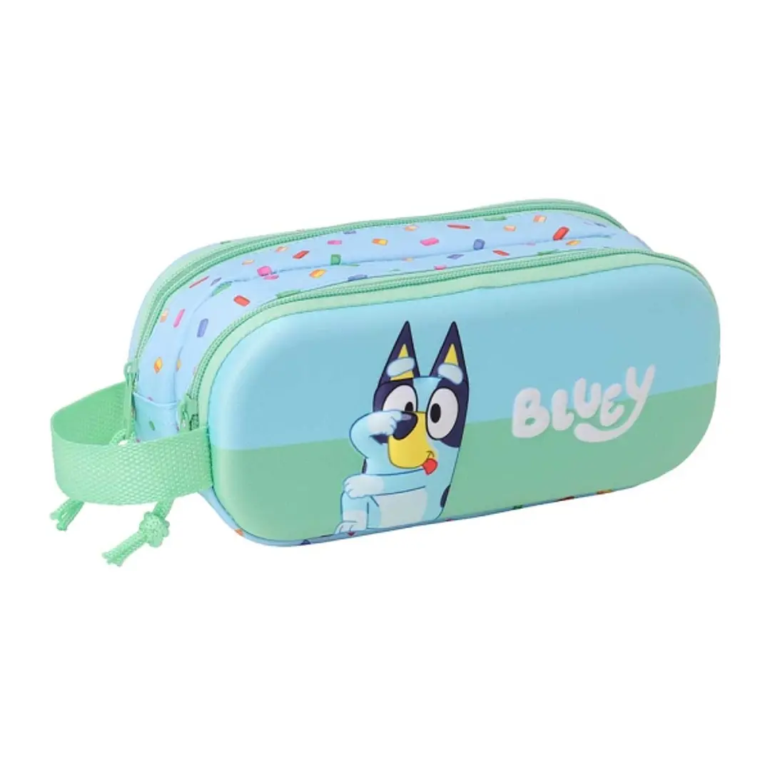 Safta Bluey Estuche Portatodo 3D de 1L - 2 Compartimentos - Cierre de Cremallera - Asa de Mano - 21x8x6cm - Color Azul Claro 1