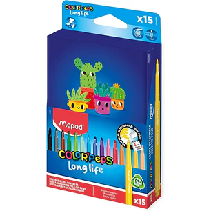 Maped Color`Peps Longlife Pack de 15 Rotuladores con Punta Media Bloqueada 3.7mm - Tinta Lavable - Colores Surtidos