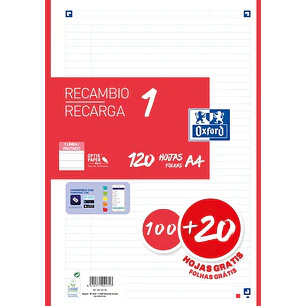 Oxford School Recambio A4 120 Hojas 1 Linea - 4 Taladros - Banda de Color Rojo