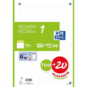 Oxford School Recambio A4 120 Hojas 1 Linea - 4 Taladros - Banda de Color Verde