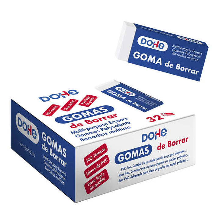 Dohe Expositor con 32 Gomas de Borrar Libres de PVC 59x23x10mm - Borrado Suave y Eficaz - Para todo tipo de Lapices - Color Blanco 1