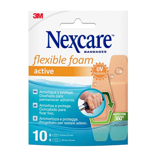 Nexcare Active Flexible Foam Pack de 10 Apositos Surtidos - Transpirable - Resistente al Agua - Color Piel