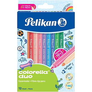 Pelikan Caja de 12 Rotuladores Escolares Colorella Duo C407 10+2 Colores - Doble Punta Fina 1mm y Gruesa 2mm - Lavables
