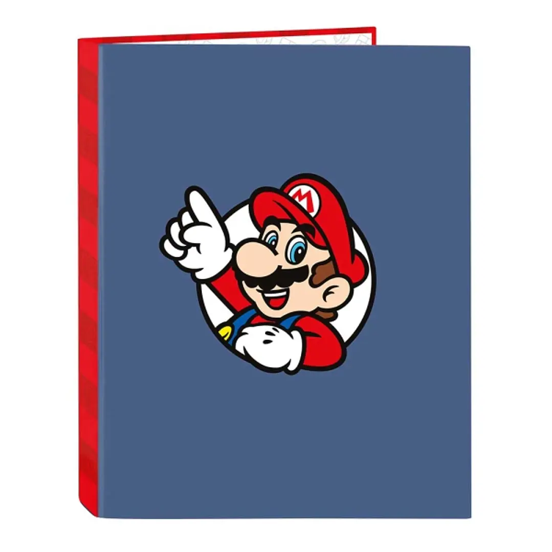 Safta Super Mario Carpeta de 4 Anillas de 25mm - Formato Folio - Tapas Duras Forradas - 26.5x33x4cm - Color Rojo y Azul 1