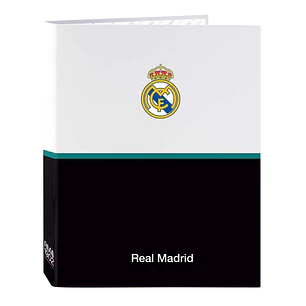 Safta Real Madrid Equipacion 26/27 Carpeta de 4 Anillas de 25mm - Formato Folio - Tapas Duras Forradas - 26.5x33x4cm - Color Blanco y Negro
