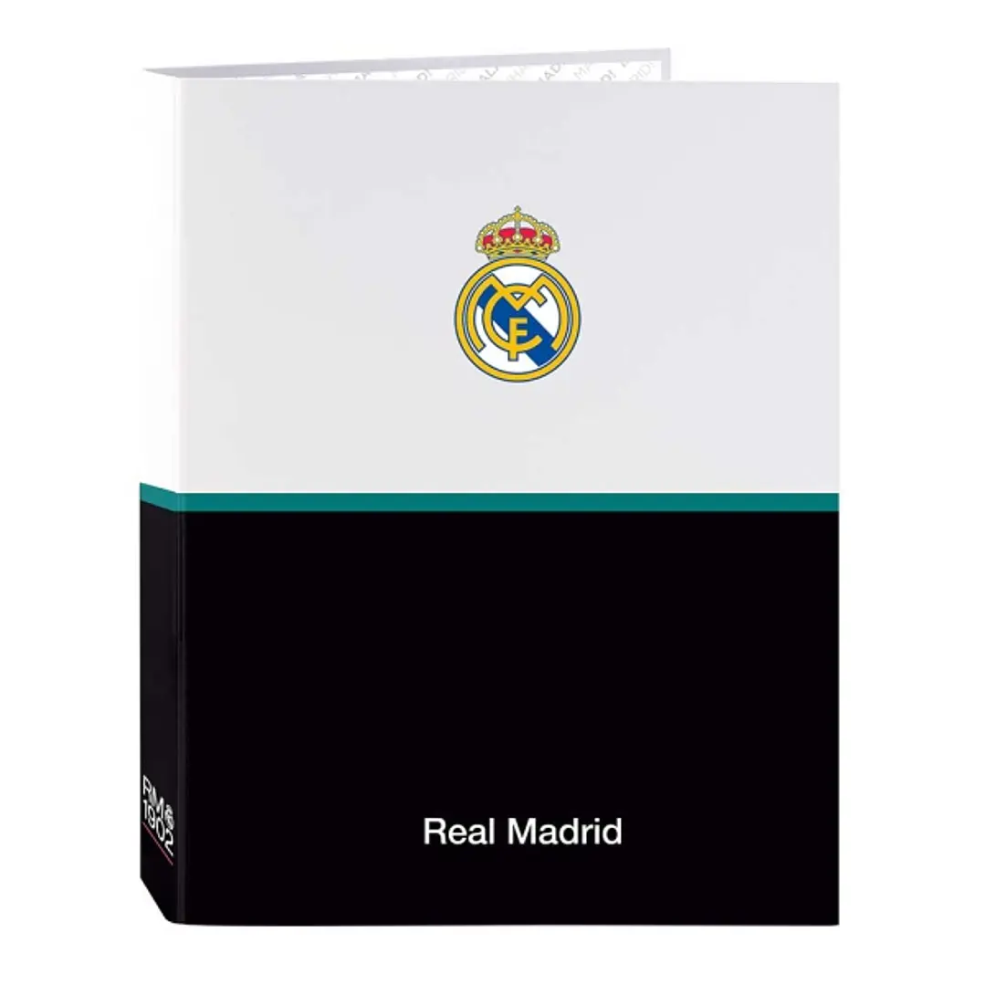 Safta Real Madrid Equipacion 26/27 Carpeta de 4 Anillas de 25mm - Formato Folio - Tapas Duras Forradas - 26.5x33x4cm - Color Blanco y Negro 1