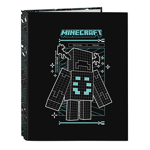 Safta Minecraft Screen Carpeta de 4 Anillas de 25mm - Formato Folio - Tapas Duras Forradas - 26.5x33x4cm - Color Negro
