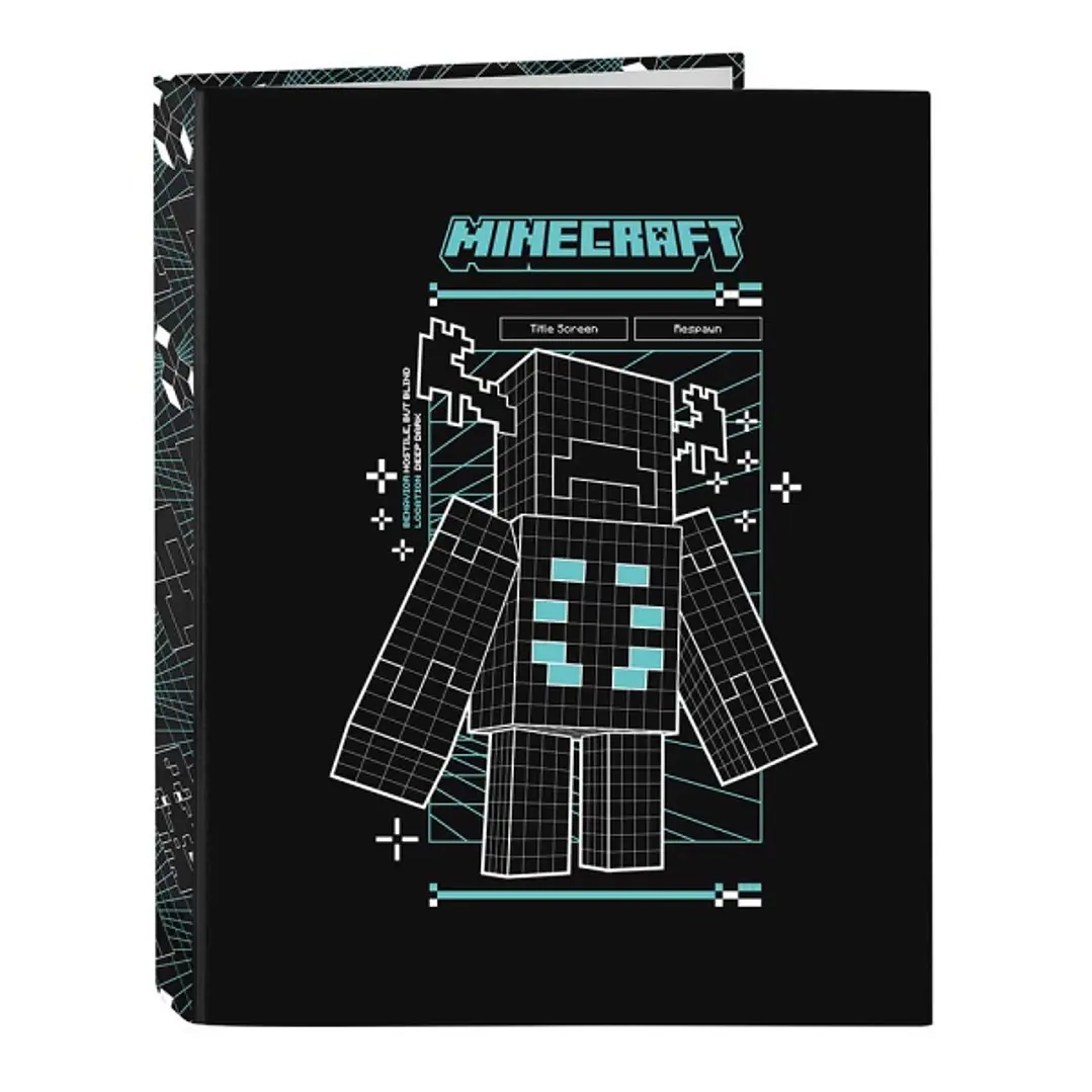 Safta Minecraft Screen Carpeta de 4 Anillas de 25mm - Formato Folio - Tapas Duras Forradas - 26.5x33x4cm - Color Negro 1