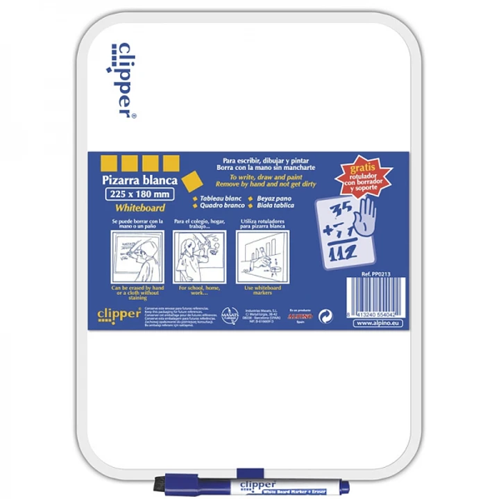 Alpino Clipper Pizarra Blanca 25.5x18cm - Una Cara Blanca y otra con Cuadricula - Borrado en Seco - Incluye Rotulador con Borrador - Color Blanco 1