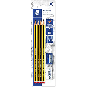 Staedtler Noris 120 Pack de 4 Lapices de Grafito Hexagonales 2HB + 1 Goma de Borrar Rasoplast + 1 Sacapuntas - Resistencia a la Rotura - Madera de Bos