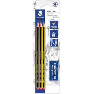 Staedtler Noris 120 Pack de 3 Lapices de Grafito Hexagonales 2HB + 1 Gomas de Borrar Mars Plastic - Madera de Bosques Sostenibles