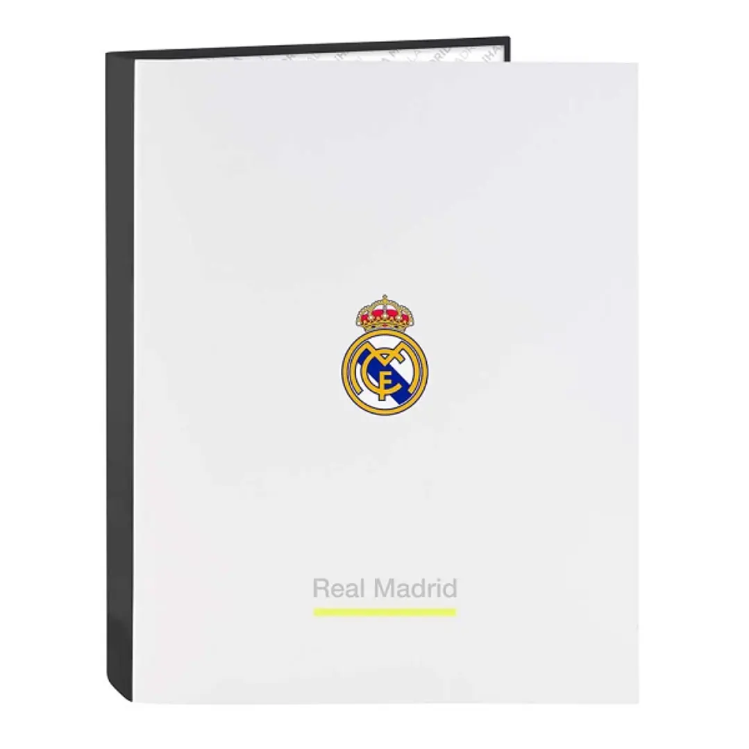 Safta Real Madrid Carpeta de 4 Anillas - Tapas Duras Forradas - Lomo de 40mm - Formato Folio - 26.5x33x4cm - Color Blanco y Negro 1