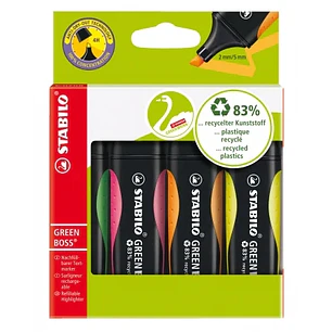 Stabilo Green Boss Pack de 4 Marcadores Fluorescentes - Fabricado con un 83% de Plastico Reciclado - Trazo entre 2 y 5mm - Recargable - Colores Surtid