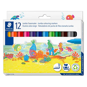 Staedtler Noris Jumbo 340 Pack de 12 Rotuladores Jumbo - Punta de Fibra - Trazo 3mm - Lavable Facilmente - Tinta Base de Agua - Tapa Ventilada - Color