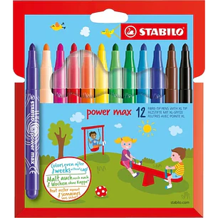 Stabilo Power Max Pack de 12 Rotuladores de Punta Gruesa - Trazo 3mm - Tinta Lavable - No se Seca - Colores Surtidos