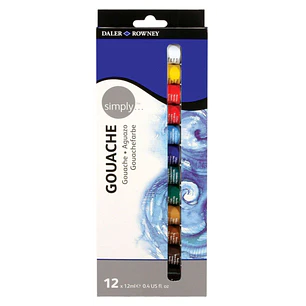 Daler Rowney Simply Pack de 12 Pinturas Acrilicas Gouache - Secado Rapido - Base de Agua - Optima Cobertura - 12ml - Colores Surtidos