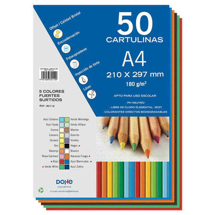 Dohe Pack de 50 Cartulinas A4 de 180gr - Con PH Neutro - Libres de Cloro Elemental - Colores Intensos Surtidos 1
