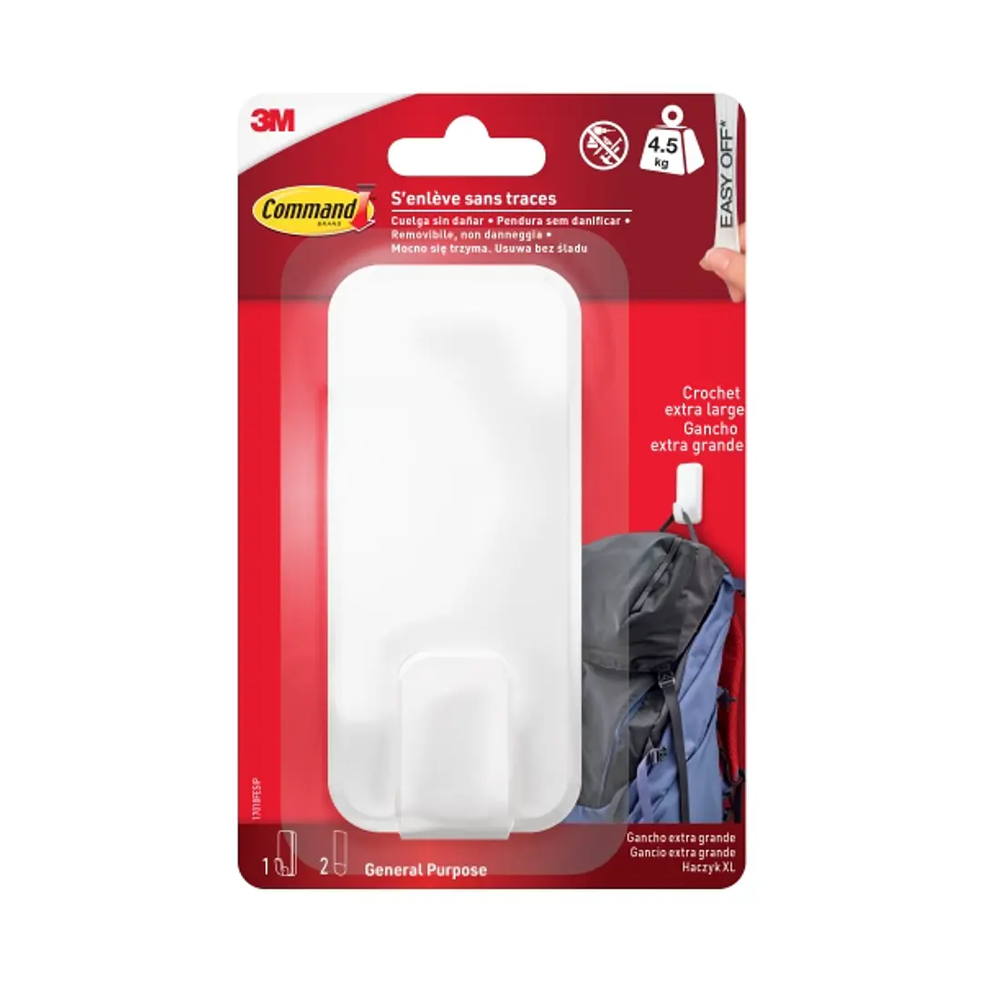 Command Gancho para Objetos Pesados - 2 Tiras Adhesivas - Extragrande - Soporta hasta 4.5kg - Color Blanco 1