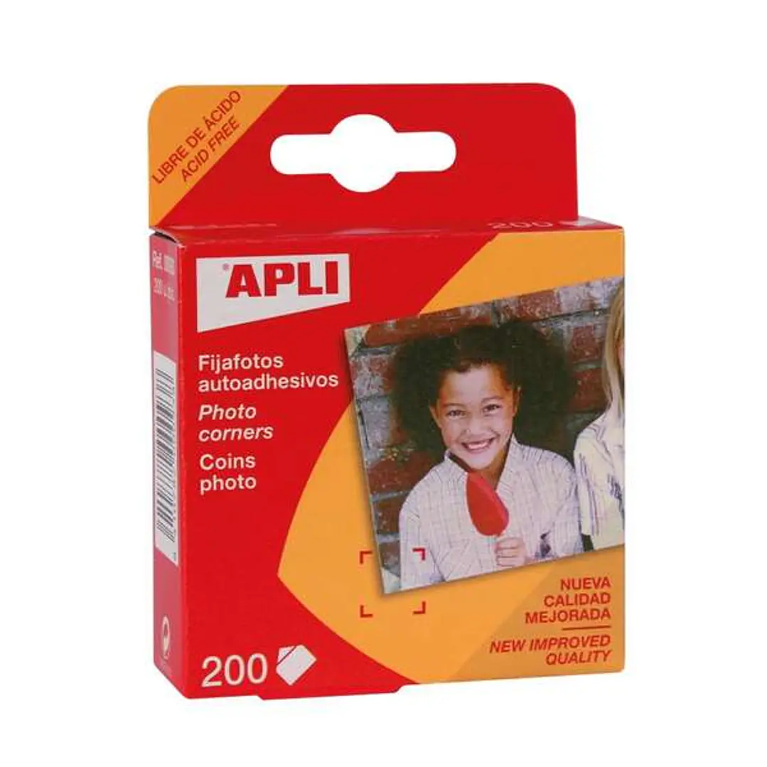 Apli Pack de 200 Fijafotos Autoadhesivos 18 x 17 mm - Solapa Triangular para Cantos de las Fotos - Facil Adherencia al Papel 1