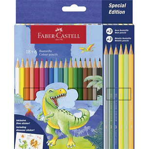 Faber-Castell Edicion Dinosaurios Pack de 24 Lapices de Colores Hexagonales - 18 Colores Clasicos + 3 Colores Neon + 3 Colores Metalizados - Incluye P