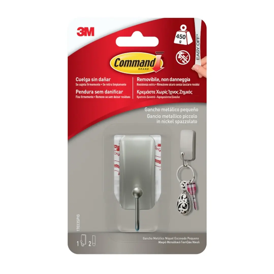 Command Gancho Compacto - Talla S - 2 Tiras Adhesivas - Soporta hasta 450G - Color Niquel Pulido 1