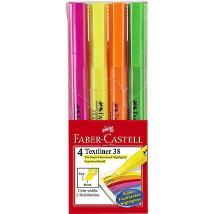 Faber-Castell Textliner 38 Pack de 4 Marcadores Fluorescentes - Cuerpo Fino - Punta Biselada - Trazo Grueso y Fino - Tinta con Base de Agua - Colores 