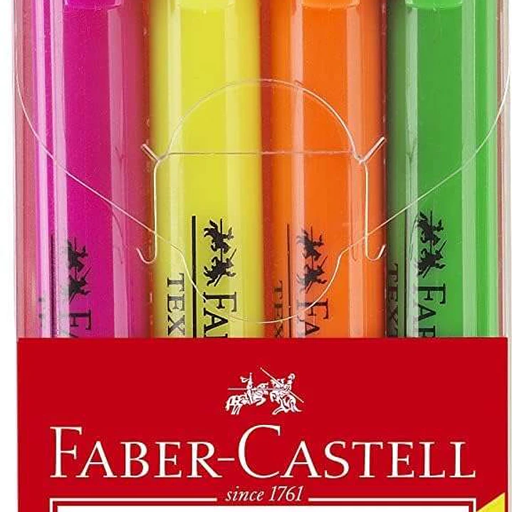 Faber-Castell Textliner 38 Pack de 4 Marcadores Fluorescentes - Cuerpo Fino - Punta Biselada - Trazo Grueso y Fino - Tinta con Base de Agua - Colores  1