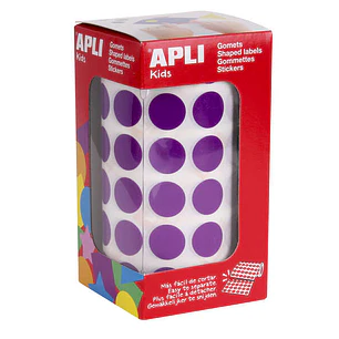 Apli Gomets Redondos Lila Ø 15mm - 59 Hojas Pretroqueladas - 2832 Gomets por Rollo - Adhesivo Base Agua - Normas EN-71 y FSC - Desarrollo de Psicomotr