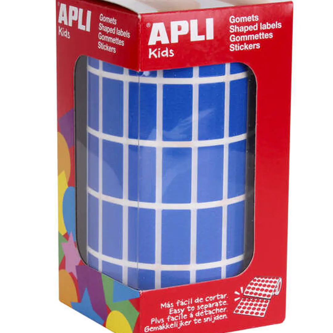 Apli Gomets Rectangulares Azules - 20x10mm - 59 Hojas Pretroqueladas - 3540 Unidades por Rollo - Ideal para Actividades Infantiles - Cumple Normas EN- 1