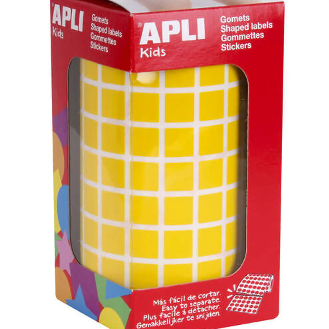 Apli Gomets Cuadrados Amarillos - 10x10mm - 59 Hojas Pretroqueladas - 6372 Gomets por Rollo - Ideal para Escuelas y Talleres Infantiles - Normas EN-71 1