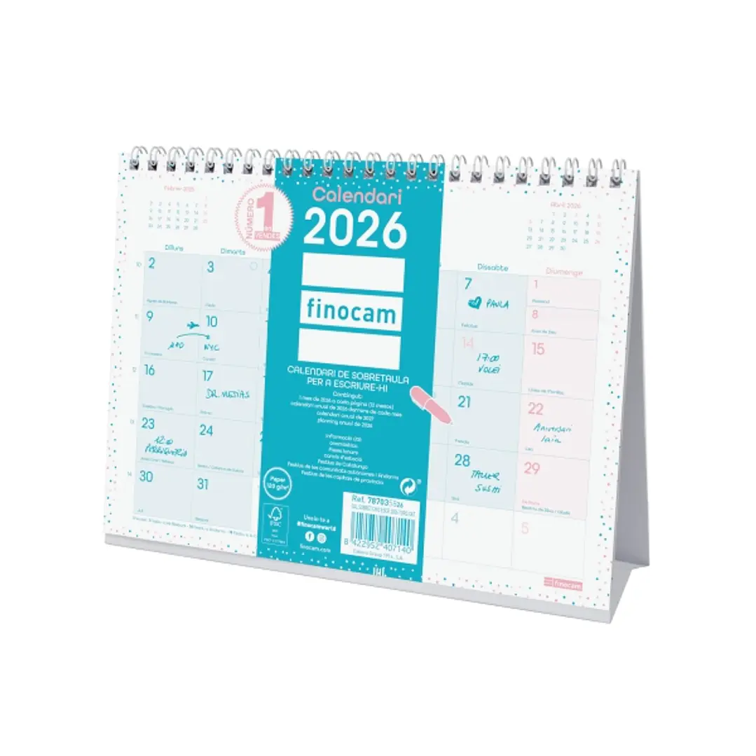 Finocam Chic Calendario de Sobremesa en Catalan - Anual 2026 - 210x70x155mm - Espacio para Escribir - Color Turquesa 1