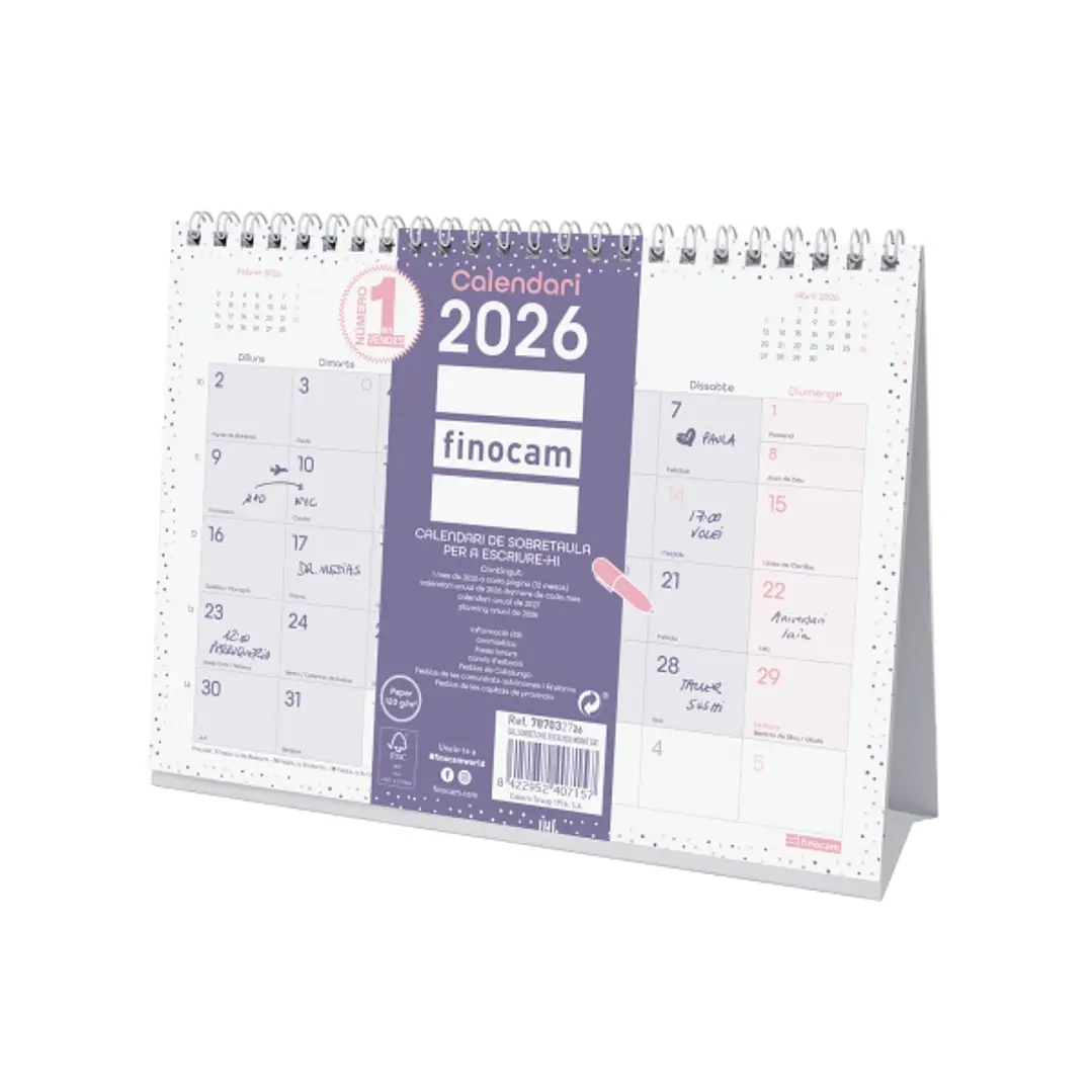 Finocam Chic Calendario de Sobremesa en Catalan - Anual 2026 - 210x70x155mm - Espacio para Escribir - Color Morado 1