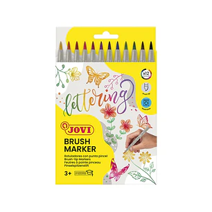 Jovi Brush Marker Pack de 12 Rotuladores Punta Pincel 4.5mm - Punta Suave y Flexible - Trazos Finos y Gruesos - Tinta Base Agua - Ideal para Lettering