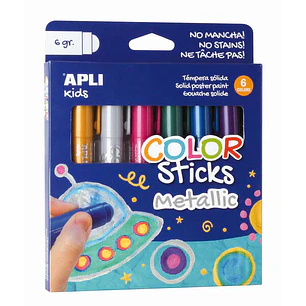 Apli Color Sticks Pack con 6 Temperas Solidas de 6g en Colores Metalizados - Acabado Satinado - Secado Rapido - Efecto Cera o Tempera Segun la Presion