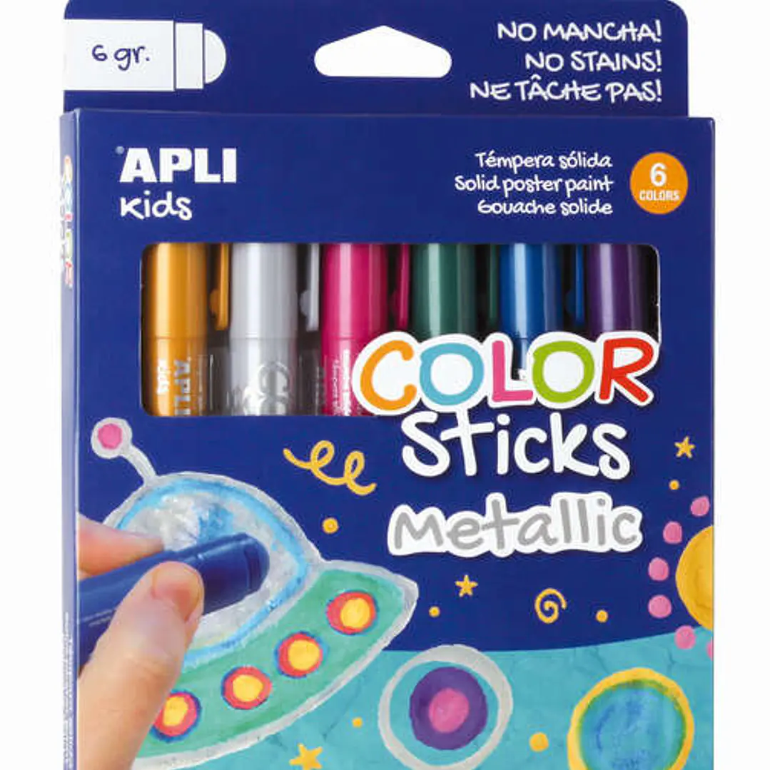 Apli Color Sticks Pack con 6 Temperas Solidas de 6g en Colores Metalizados - Acabado Satinado - Secado Rapido - Efecto Cera o Tempera Segun la Presion 1