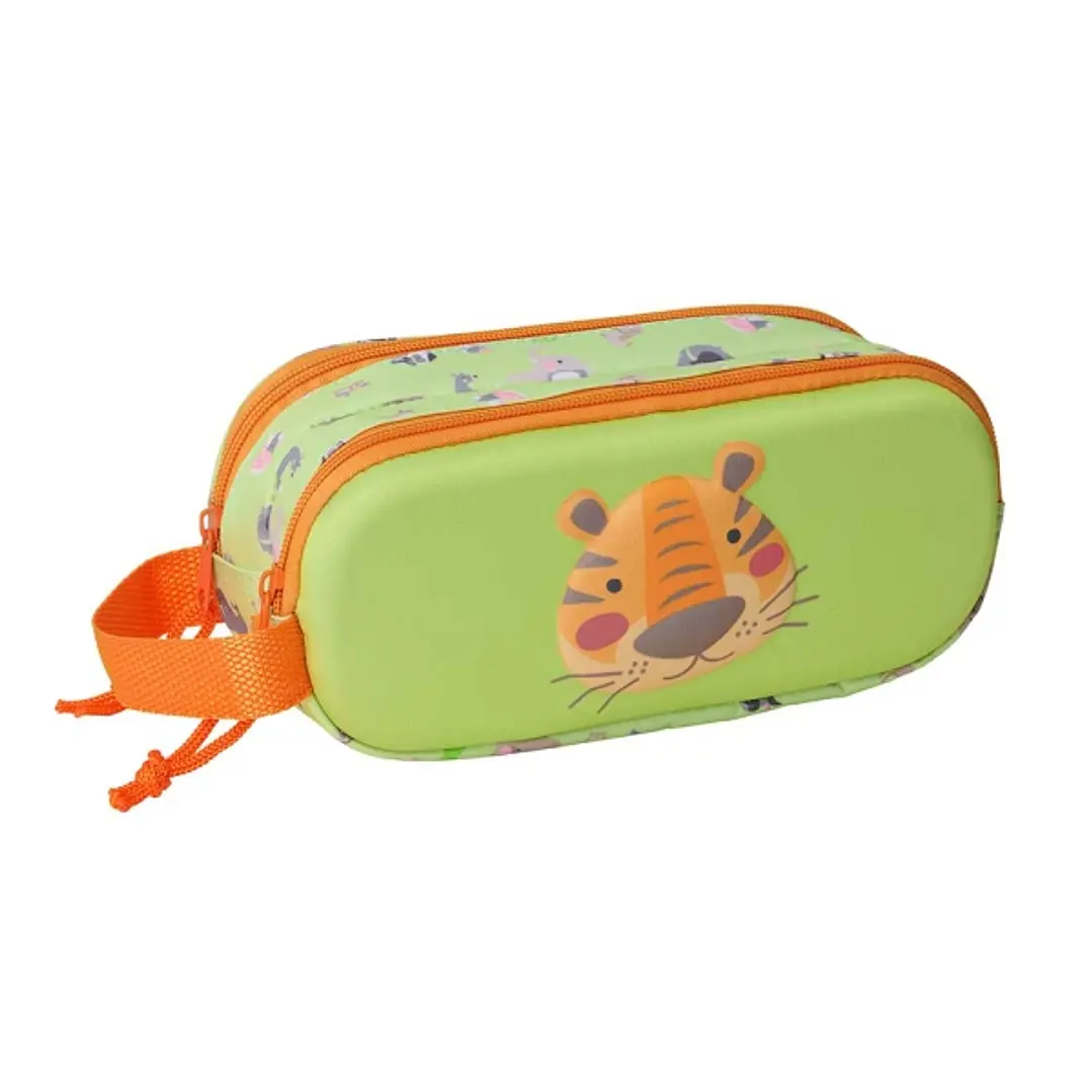 Safta Tiger Estuche Portatodo 3D de 1L - 2 Compartimentos - Cierre de Cremallera - Asa de Mano - 21x8x6cm - Color Verde Claro 1
