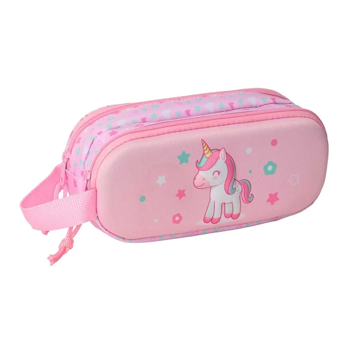 Safta Unicorn Estuche Portatodo 3D de 1L - 2 Compartimentos - Cierre de Cremallera - Asa de Mano - 21x8x6cm - Color Rosa Pastel 1