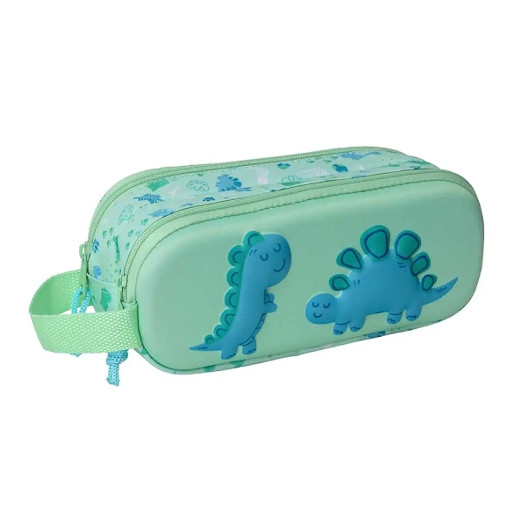 Safta Dino Estuche Portatodo 3D de 1L - 2 Compartimentos - Cierre de Cremallera - Asa de Mano - 21x8x6cm - Color Menta 1