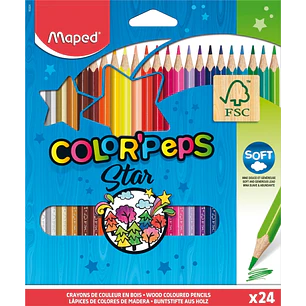 Maped Color´Peps Star Pack de 24 Lapices de Colores Triangulares - Mina Suave - Madera Certificada FSC - Colores Surtidos