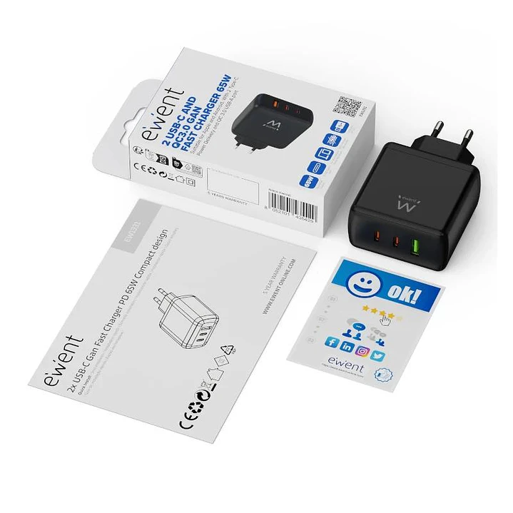 EWENT Cargador Gan Fast 65W 2 USB-C PD-1USB-A QC 2