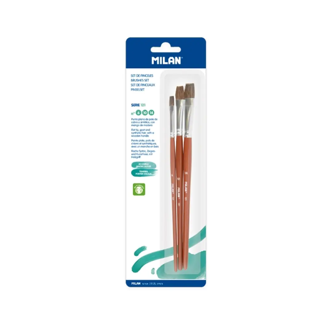 Milan 121 Pack de 3 Pinceles Planos - Formatos Surtidos - Color Madera Oscuro 1