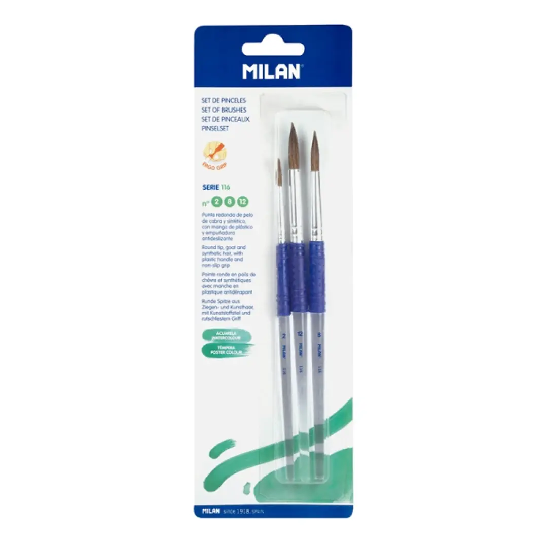 Milan 116 Pack de 3 Pinceles Redondos - Pelo de Cabra y Sintetico - Formatos Surtidos - Mango Ergonomico - Color Transparente 1