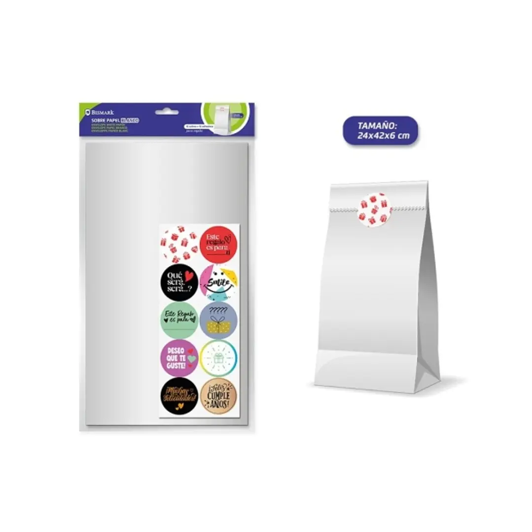 Bismark Pack de 10 Sobres Papel Kraft 50grs con 10 Pegatinas para Cierre - Medidas 24x42x6cm - Ideal para Regalos - Color Blanco 1